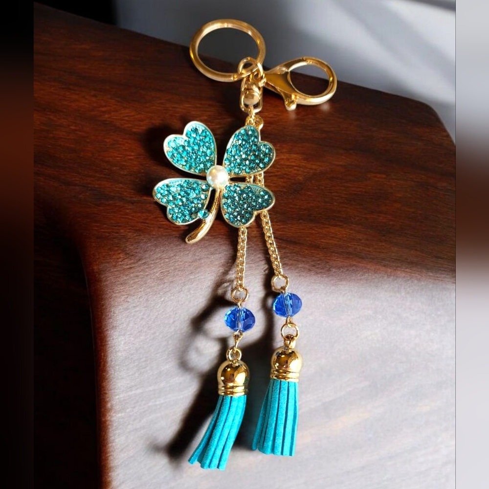 Purse Charm Elegant Gold and Turquoise Blue Clover Keychain